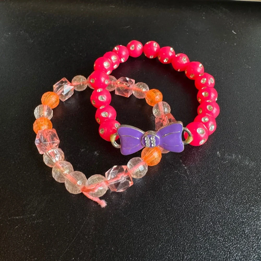 Girls Beaded Stretch Bracelet Set Hot Pink Rhinestone Orange Faceted Purple Bow